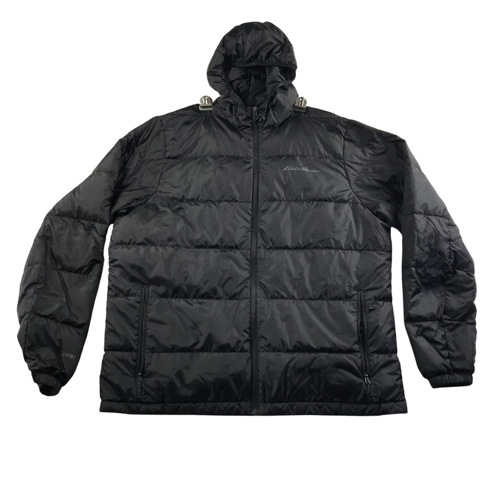 Eddie Bauer EB650 Mens XL Black Hooded Down Puffer Jacket Full Zip Quilted